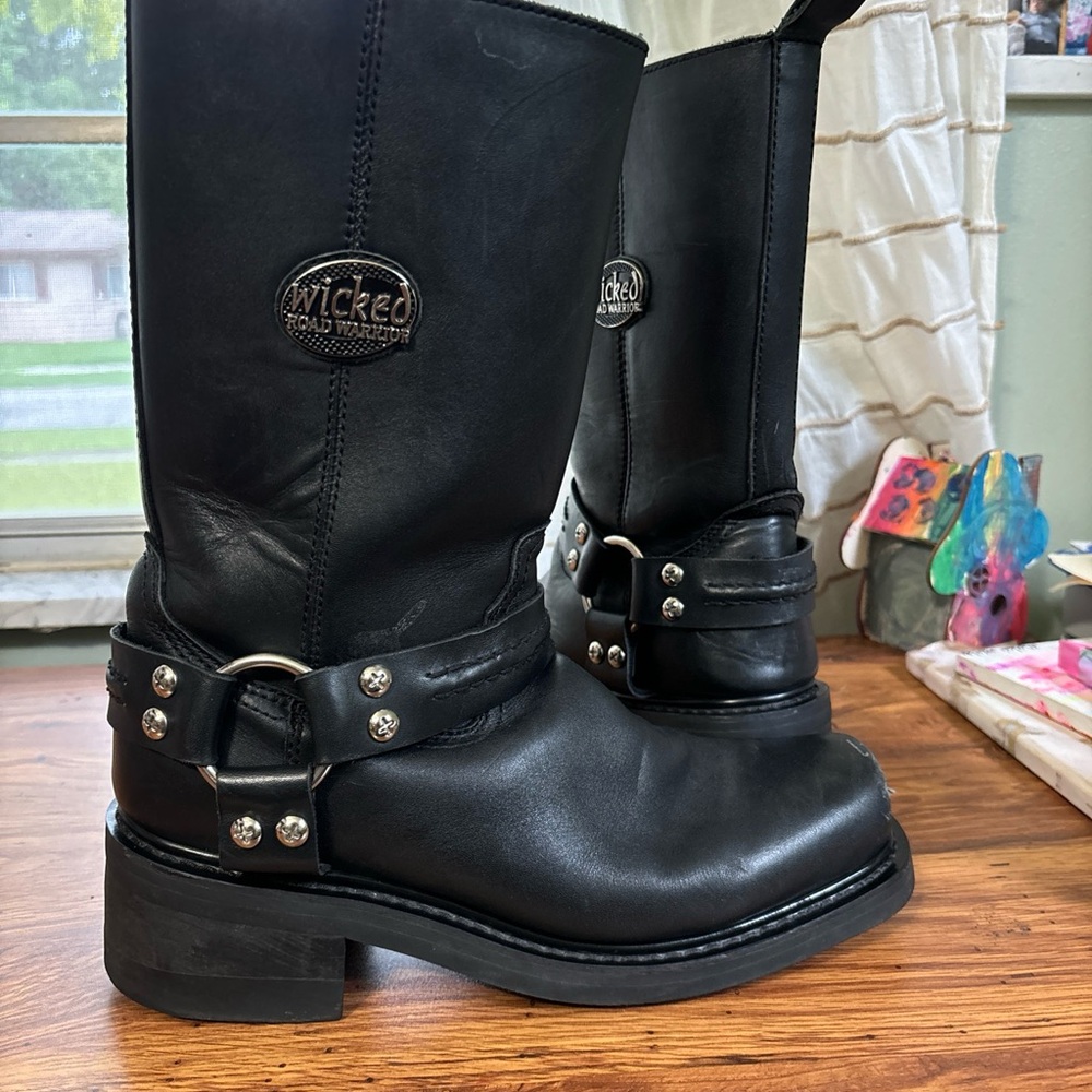 🍁Wicked Road Warrior Texas Black Leather Mid Calf Zip Up Biker Boots Homber Sz9 - Picture 6 of 8